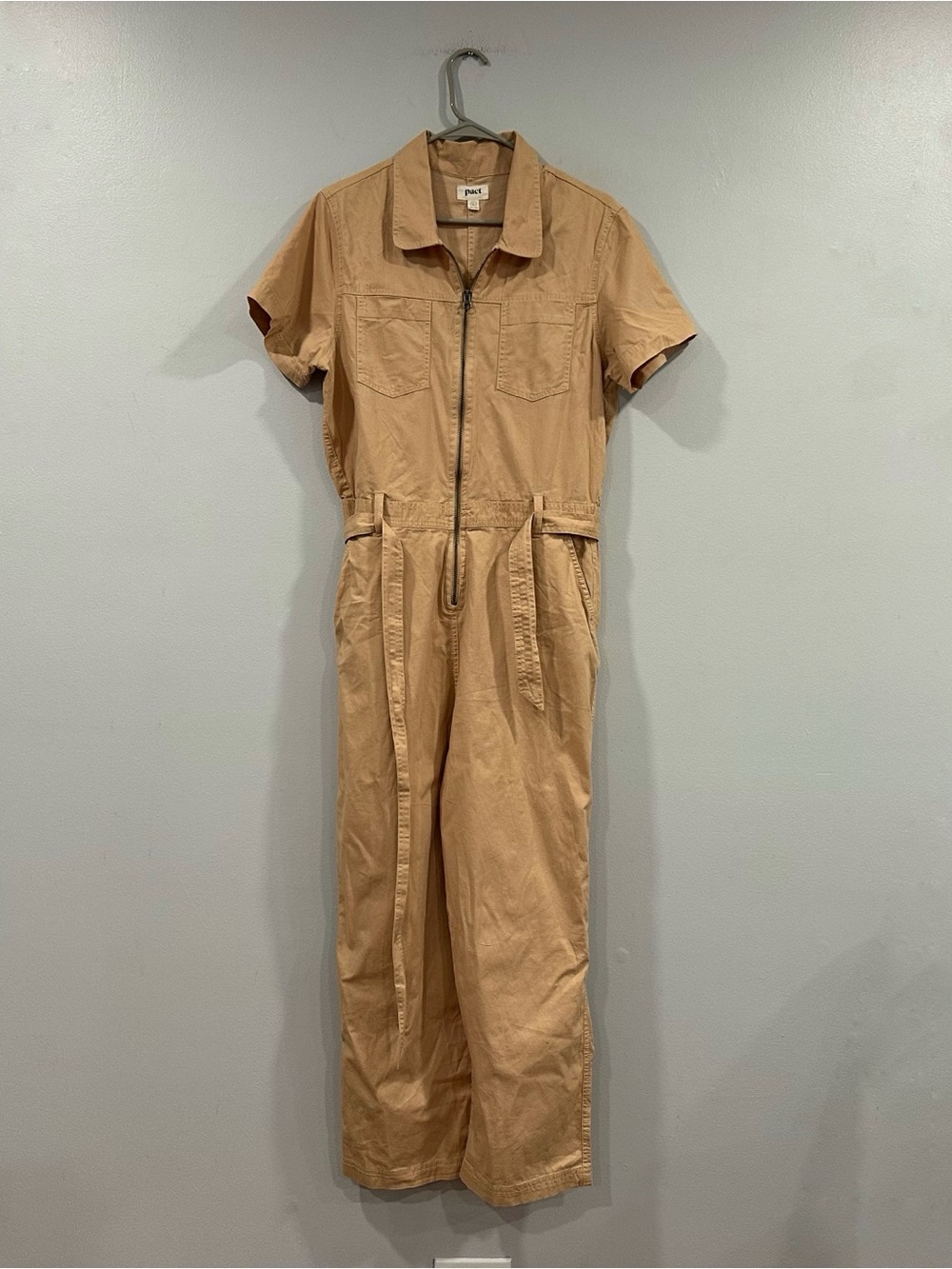Pact Tan Short Sleeve Jumpsuit Women's Large L